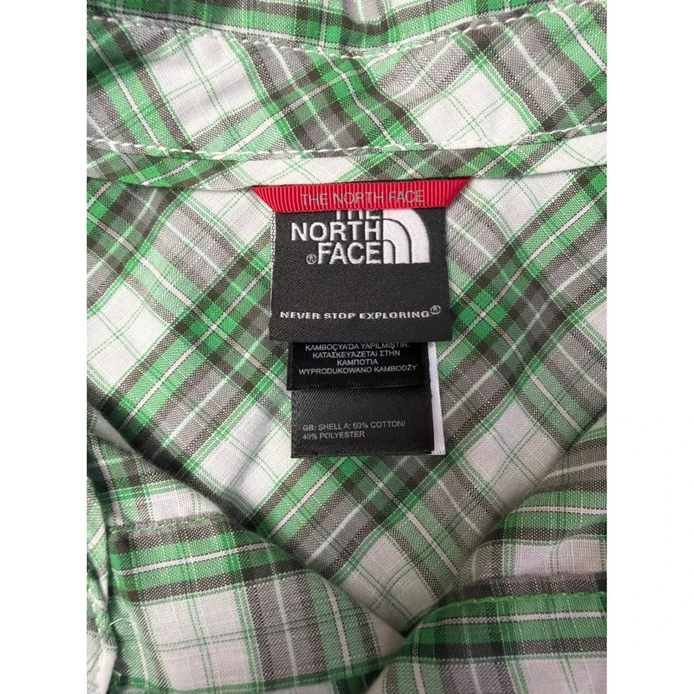 The North Face Button Down Shirt Mens Large Green Plaid Short Slv Hiking Pocket